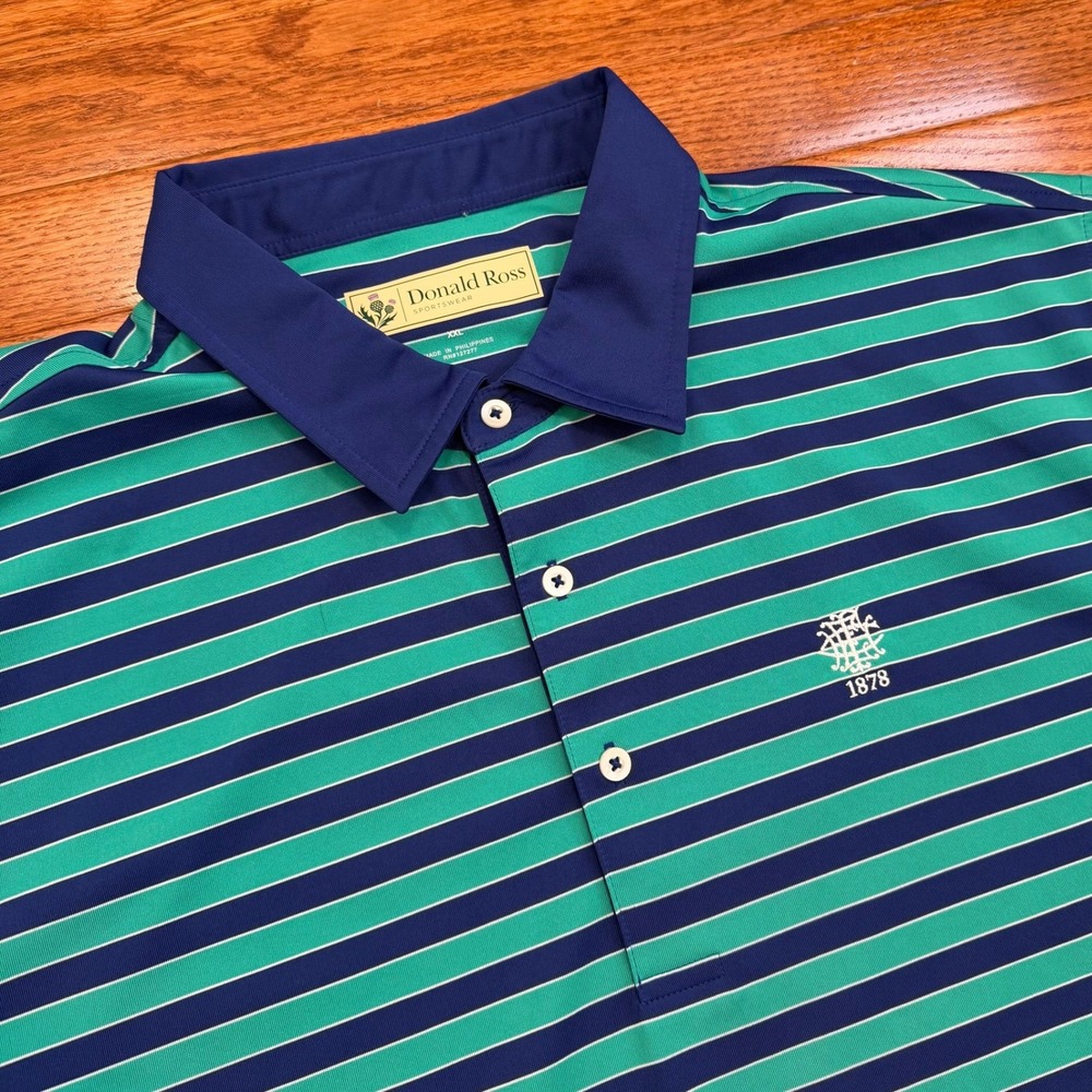 Donald Ross The Elkridge Club Golf Polo Shirt Mens 2XL Green Blue Stripe Stretch